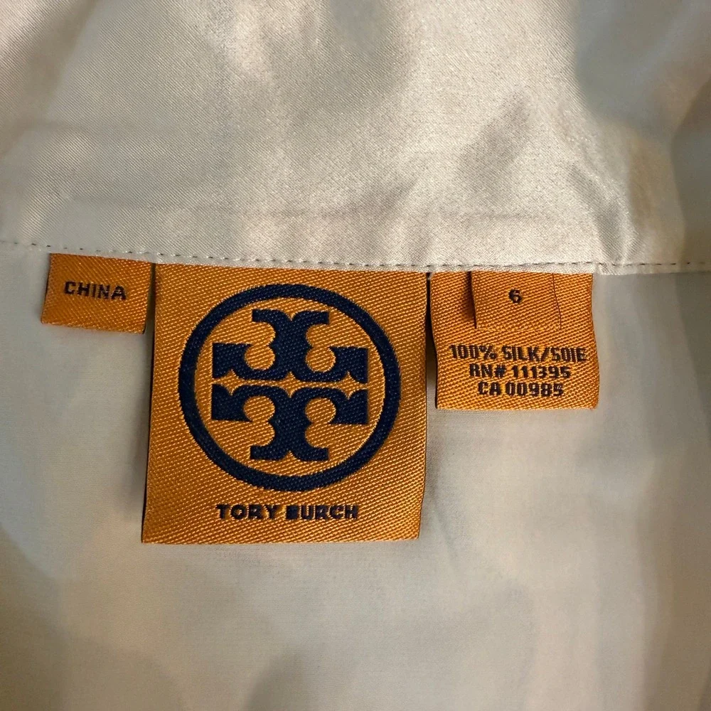 Tory Burch Silk Luxury Blouse Size 6 Off White Bow Neck Gold Button Long Sleeve